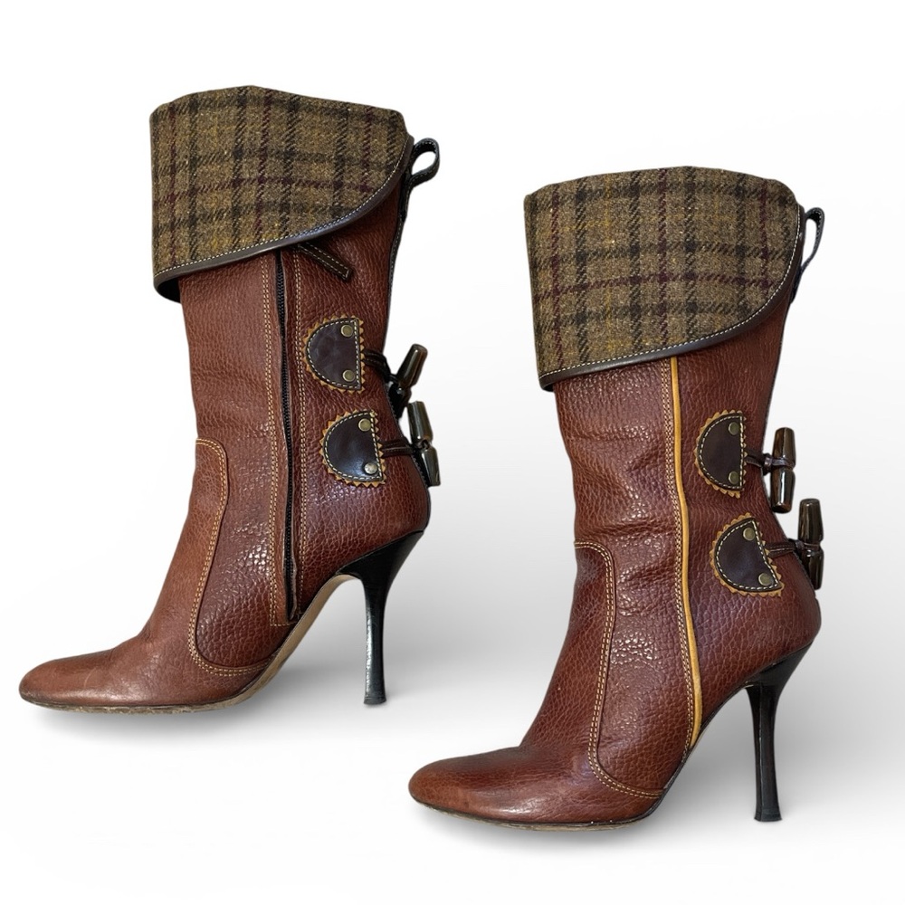 Iconic Y2K DSQUARED2 Brown Leather Plaid Fold Over Cuff Heeled Round Toe Boots
